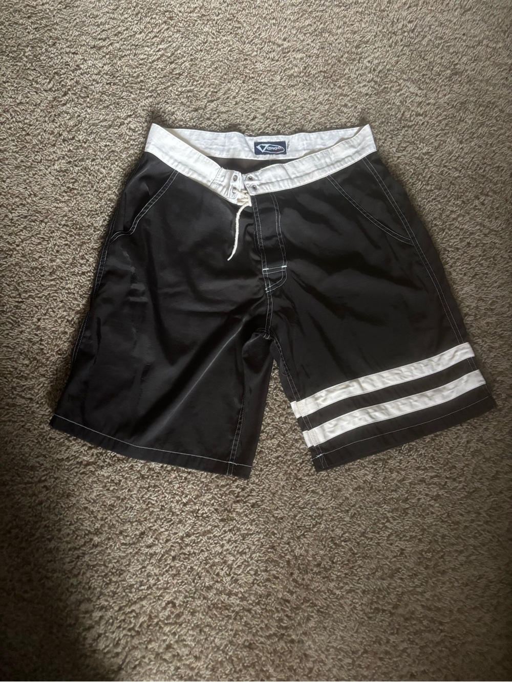 Men's Black Swim Trunks with White Waistband and Stripe Detail